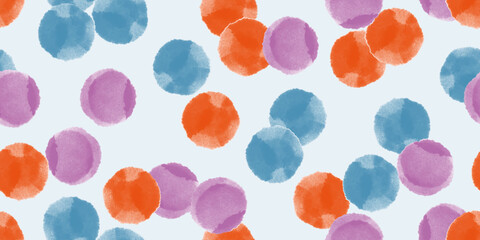 Abstract seamless pattern, background with purple, orange, blue  watercolor shapes and stains. Repeating vector design for print