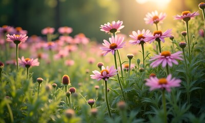 Obraz premium Garden design showcases a vibrant field of blooming daisies, bathed in warm sunlight, exuding tranquility and natural beauty—a perfect summer escape.