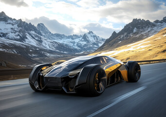 Naklejka premium Futuristic car in a sleek modern design set in an atmospheric with technological environment. Perfect for cover banners or social media screensavers.