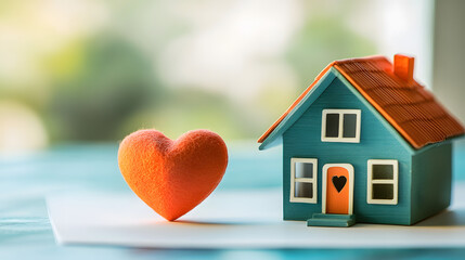 colorful house model beside vibrant heart shaped decoration, symbolizing love and home. This charming scene evokes warmth and affection in serene setting