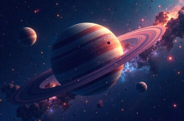 Naklejka premium science fiction poster, astronomy, futuristic space travel concept. giant ringed planet surrounded by orbiting asteroids and glowing stardust. vastness of universe.