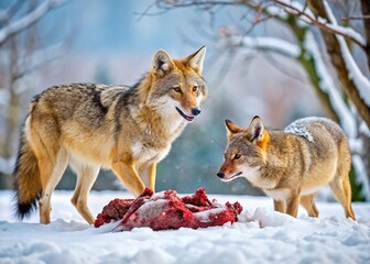 Obraz premium Winter Coyote Canis latrans Hunting Deer Carcass, Wildlife Photography, Cold Season Predator Prey