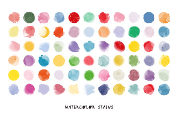 Set of colorful watercolor hand painted different round shapes, stains, circles, blobs isolated on white background. Vector elements for design