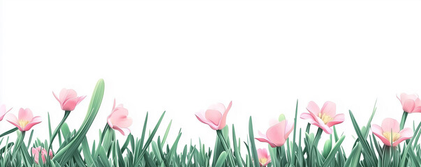 Spring flowers and grass. Green grass with cute spring flowers illustration isolated white background. Can use as web site header / Footer / banner