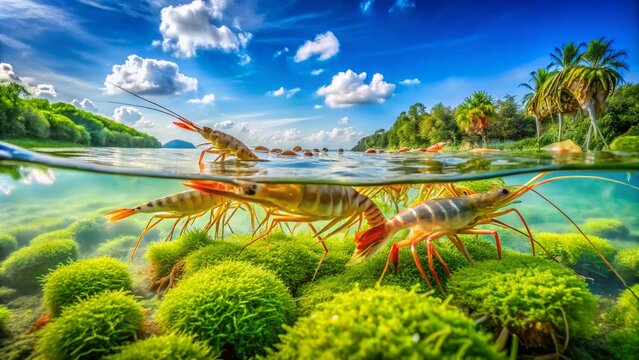 Panoramic Freshwater Prawn Farm, Aquatic Shrimp Panorama, Crystal Clear River Prawn, Sustainable Aquaculture Image