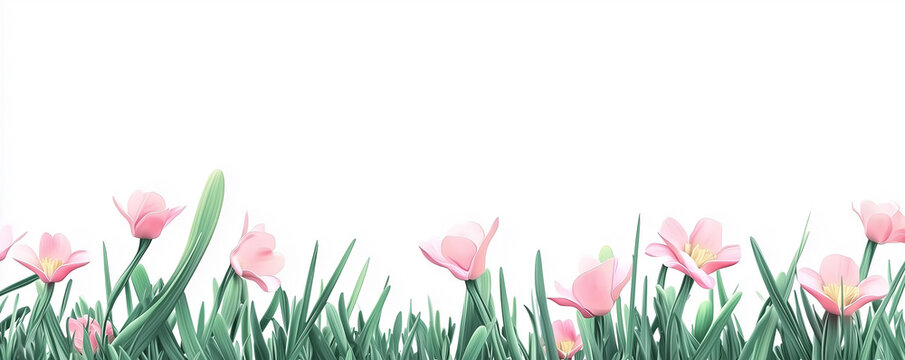 Spring flowers and grass. Green grass with cute spring flowers illustration isolated white background. Can use as web site header / Footer / banner