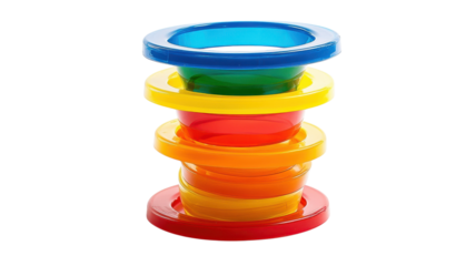 Colorful plastic stacking rings arranged in a playful tower for early childhood development activities.