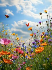 colorful flower meadow in spring, with bees and butterflies hovering over bright blooms.