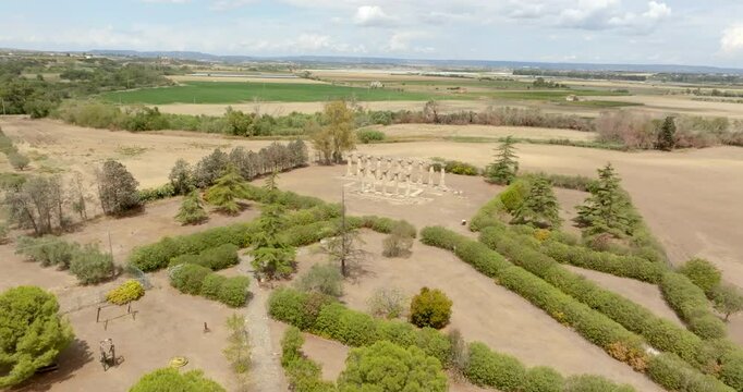 Aerial view of the Tavole Palatine ("Palatine Tables") archaeological park located in Metaponto, Basilicata, Italy. They are the remains of a hexastyle peripteral Greek temple of Magna Graecia.