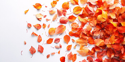 Red and orange autumn leaves scattered on a white background.