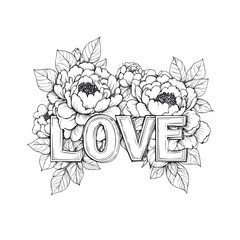Bold typography "LOVE" surrounded by detailed flower illustrations.