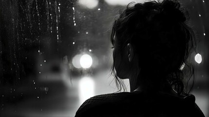 Silhouette of Woman Staring Out Rain-Covered Window at Night  
