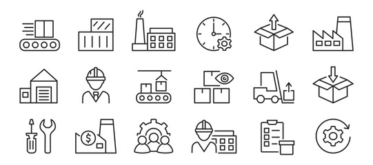 Factory line icons set. Industry, manufacture, process production, worker, warehouse. Vector