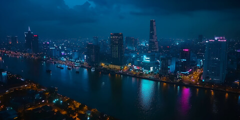Naklejka premium Aerial Night View of Urban Skyline with Illuminated Buildings