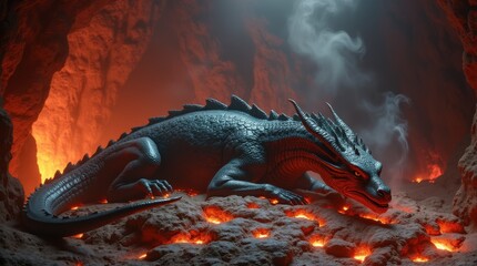 Fearsome Dragon Hoarding Glowing Treasure in Volcanic Cave