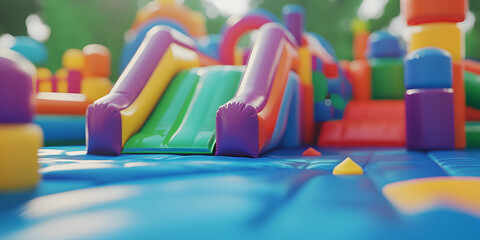 Obraz premium Colorful Inflatable Bounce House with Slides at Outdoor Playground