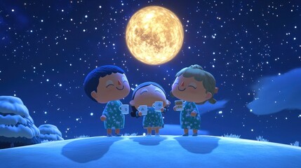 Fototapeta premium Three characters enjoy the full moon with drinks.