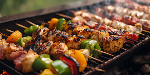 Grilled Meat and Vegetable Skewers on Outdoor Barbecue