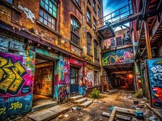 Fototapeta premium Zoom Backgrounds Urban Exploration Photography: Dark Alley, Abandoned Building, Graffiti Art, Industrial Ruins, Cityscape, Virtual Meeting Backdrop