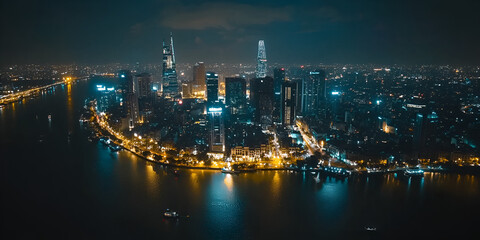 Aerial Night View of Urban Skyline with Illuminated Buildings