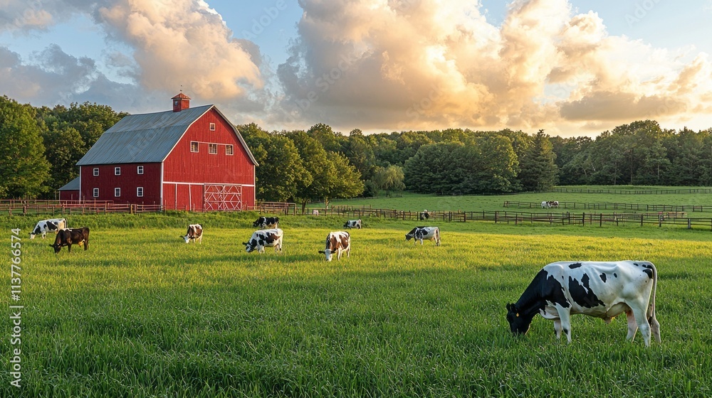 Poster a red barn with cows grazing in a field