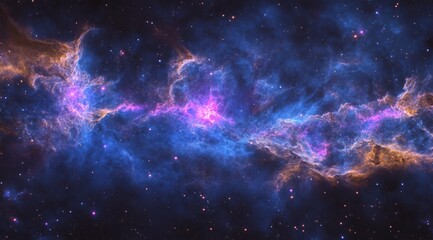 Obraz premium A nebula of dark blue and purple hues, with pink highlights, in space. The nebula has an advanced digital art style, with vibrant colors and fluid shapes.