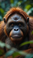 Fototapeta premium Close-up portrait of a majestic Bornean orangutan in its natural habitat. The image showcases the creature's intricate details and intense gaze.