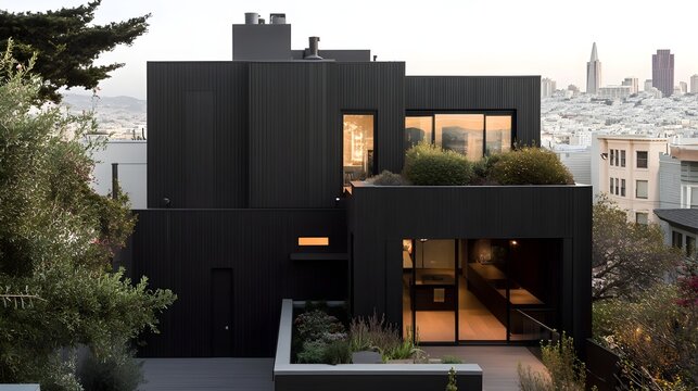 A modern urban home with sharp angles, a monochromatic black exterior, and a rooftop garden with city views. 