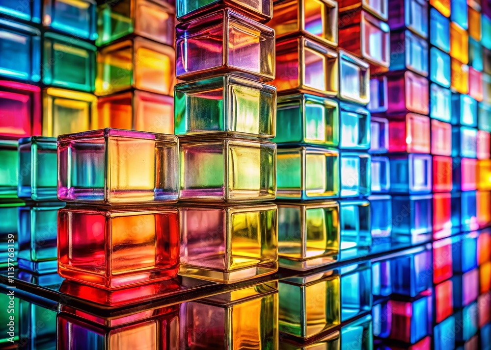 Poster panoramic view of a spectrum of stacked multicolored glass blocks reflecting light in a kaleidoscope