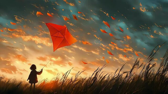A girl holds an orange kite against a sunset sky full of flying leaves.