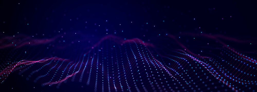 Abstract polygonal space with connecting dots and lines. Dark background. Connection structure. 3d Widescreen