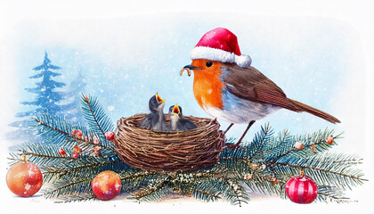 European robin, Erithacus rubecula, wearing santa hat feeding her cute chicks on a Christmas tree