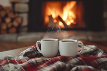 Two steaming mugs of coffee on a plaid blanket in front of a fireplace