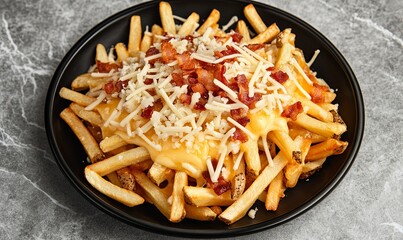 Close-up of a plate of french fries topped with melted cheese and crispy bacon.