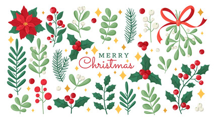 Christmas and winter floral collection. Hand drawn set of poinsettia, leaves, branches, berries, holly. Christmas botanic elements for stickers, invitations, cards, textile, fabric, posters, banners.