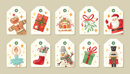 Collection of New Year and Christmas tags. Hand drawn cartoone  style vector tamplate.