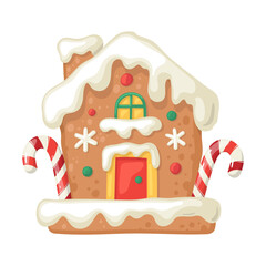 Cute gingerbread house in cartoone style. Christmas baking. Flat vector illustration isolated on white background.