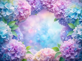 Fototapeta premium Pastel Hydrangea Floral Frame, Surreal Photography, Open Center, Dreamy Flower Art, Whimsical Botanical Design