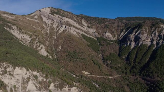 Top drone view of the mountains around the village of Thiery in France