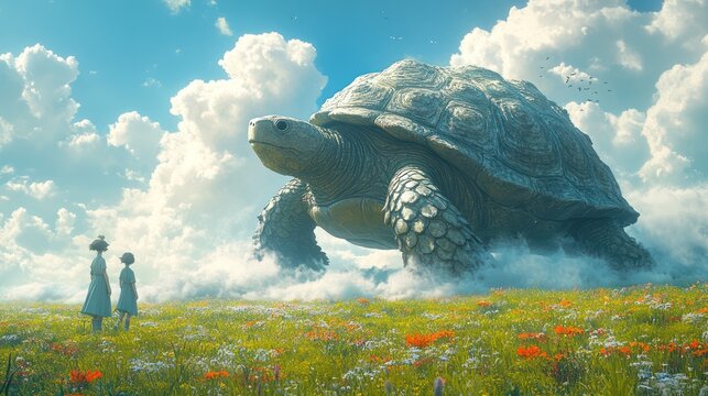 Two children gaze in awe at a colossal turtle in a vibrant, flower-filled field under a bright sky.