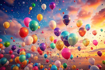Fototapeta premium Pastel Sky Balloons Confetti Party - High Depth of Field Photo