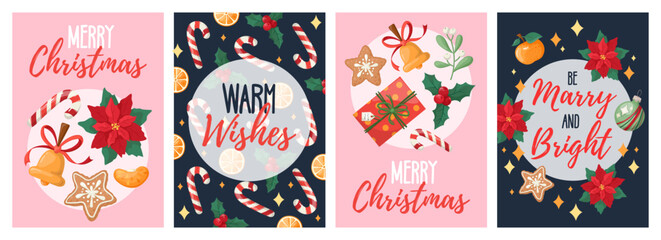 Set of Christmas and New year postcards with festive symbols on pink and dark blue backgrounds.
