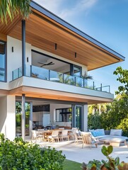 A modern coastal home with wrap-around balconies, light blue accents, and an outdoor dining area.