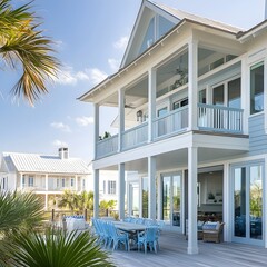 A modern coastal home with wrap-around balconies, light blue accents, and an outdoor dining area.