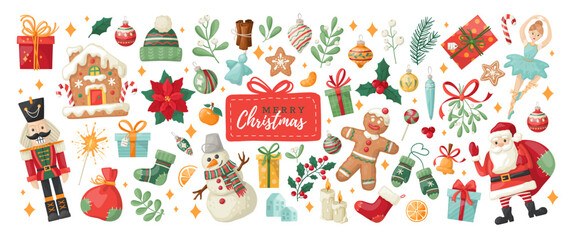 Big collection of Christmas, New Year and winter items. Festive symbols and design elements on  dark blue background. Hand-drawn style sticker pack. Vector elements for banner, card, postcard.