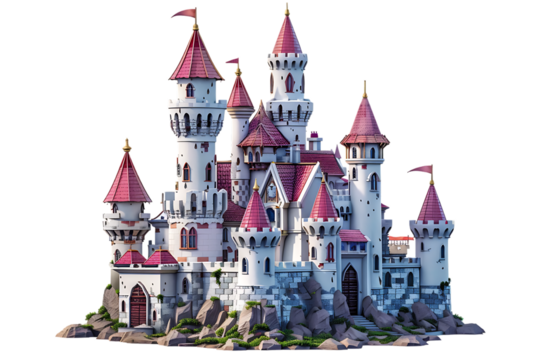 PNG of a 3D cartoon-style fairy tale castle isolated on a transparent background for fantasy or childrens story-themed visuals.