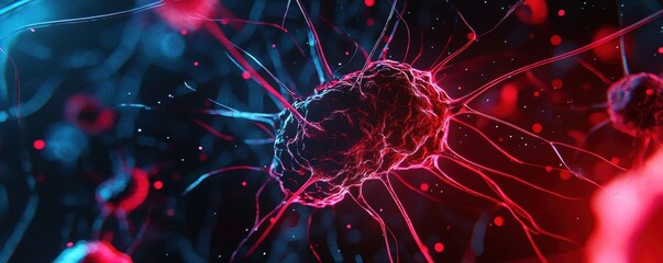 Dynamic cellular environment with glowing organelles and particles symbolizing the energetic processes of life at the cellular level