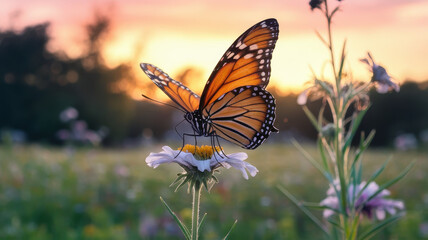 Obraz premium A vibrant monarch butterfly perched on a white flower, illuminated by a warm sunset glow, showcasing its intricate orange and black wings.