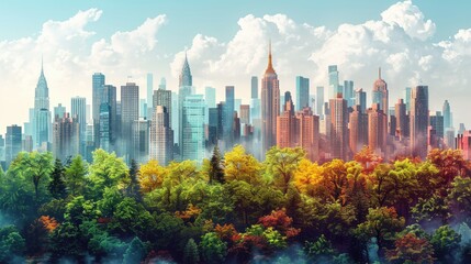 Obraz premium Vibrant autumn foliage contrasts with a modern city skyline.