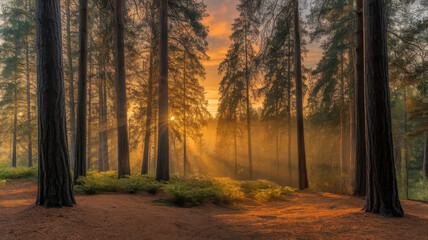 Obraz premium A serene forest scene at sunrise, with sunlight streaming through tall trees and illuminating the mist, evoking a sense of peace and tranquility.